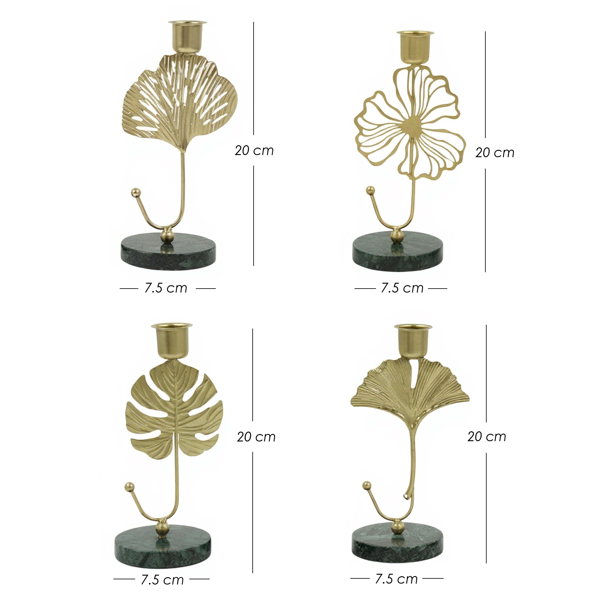 Ilios Innova | Set 4 Portavelas Decorativos, Dise&ntilde;o de Hojas Met&aacute;licas Doradas con Base de M&aacute;rmol Verde, Estilo Elegante image number null