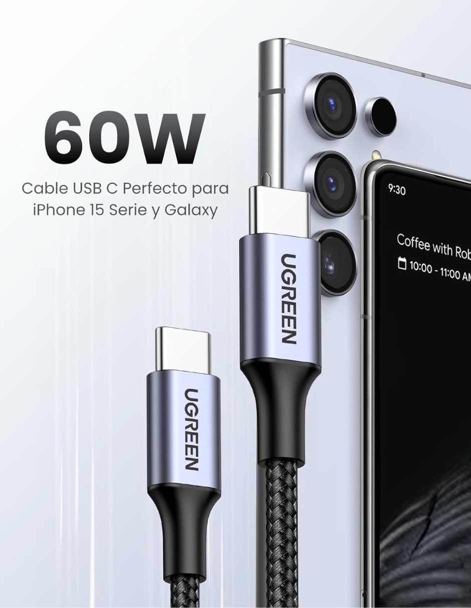 Cable USB-C a Tipo C 60W Ugreen Reversible con Nyl&oacute;n de 2m Negro. image number null