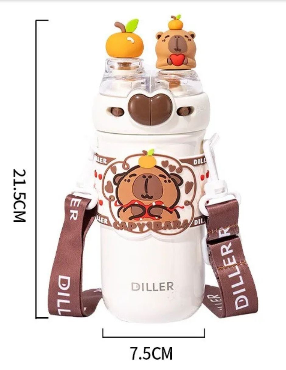 Termo de Capibara | Botella de Agua de Acero Inoxidable 520 ml | Accesorios decorativos 3D Capybara, Stickers y Correa image number null