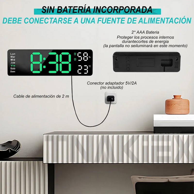 Reloj De Pared Digital Con Term&oacute;metro Alarmas Y Calendario image number null