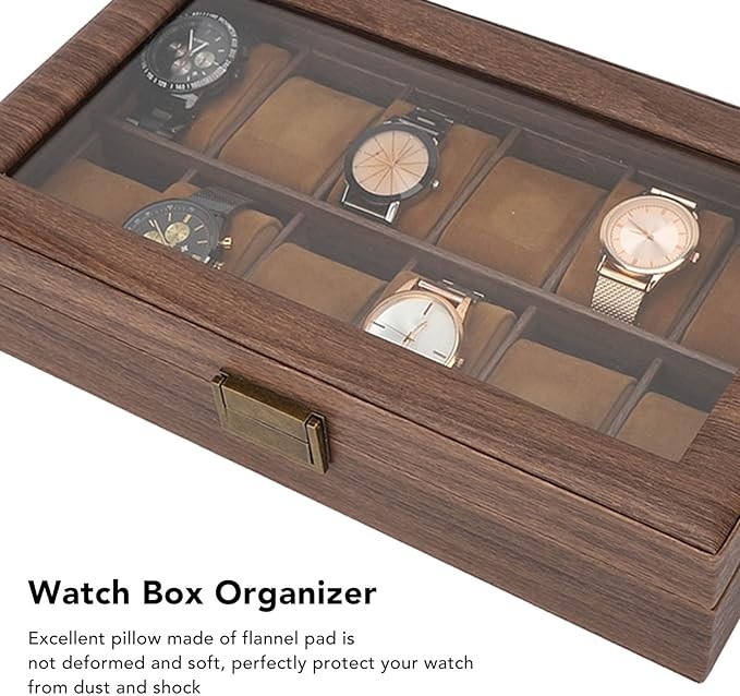 A Caja Organizadora de Reloj de Cuero PU con 12 Ranuras, Caja de Almacenamiento de Exhibici&oacute;n de Lujo de Grano de Madera con Parte Superior de Vidrio de Partici&oacute;n Grande para Almacenamiento Y Exhibici&oacute;n. image number null
