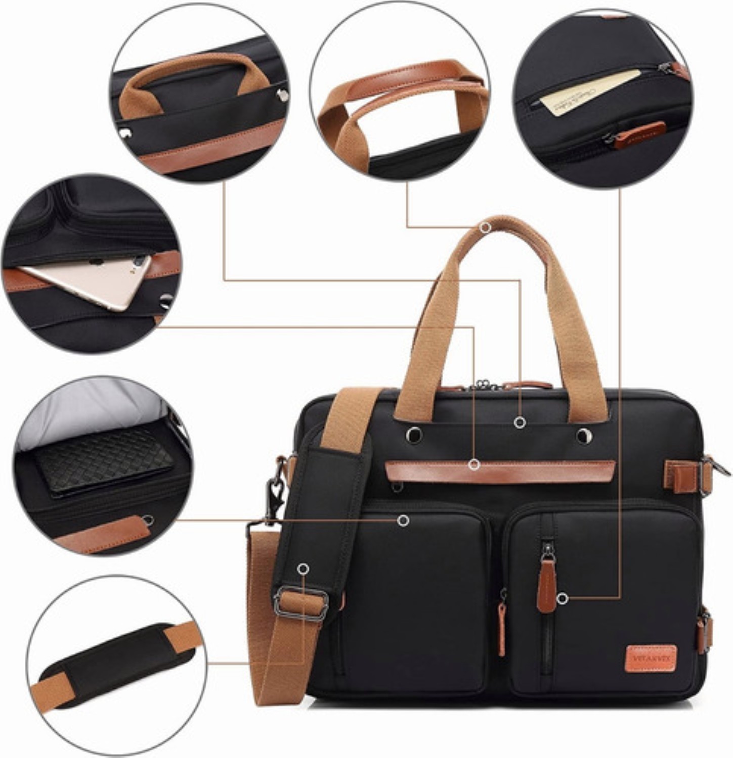 Mochila Malet&iacute;n Bolso Mensajero 3 En 1 Para Laptop De 17.3in NEGRA CON CAFE image number null