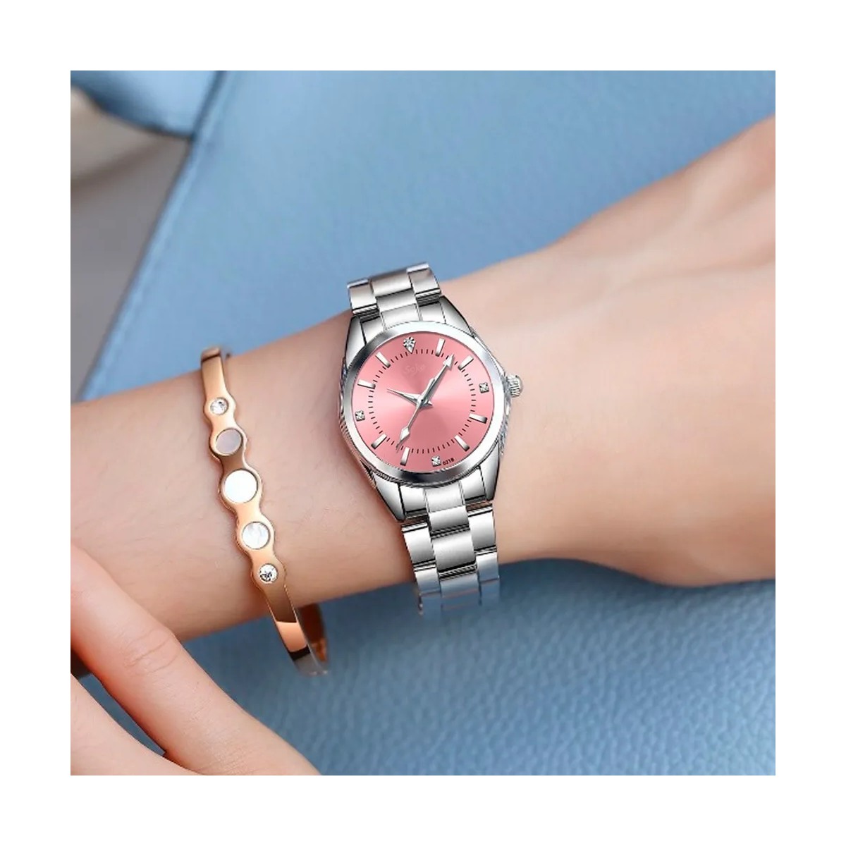 Reloj Mujer Acero Inoxidable Elegante Metal Contra Agua (Blanco Rosa Aleacion) image number null