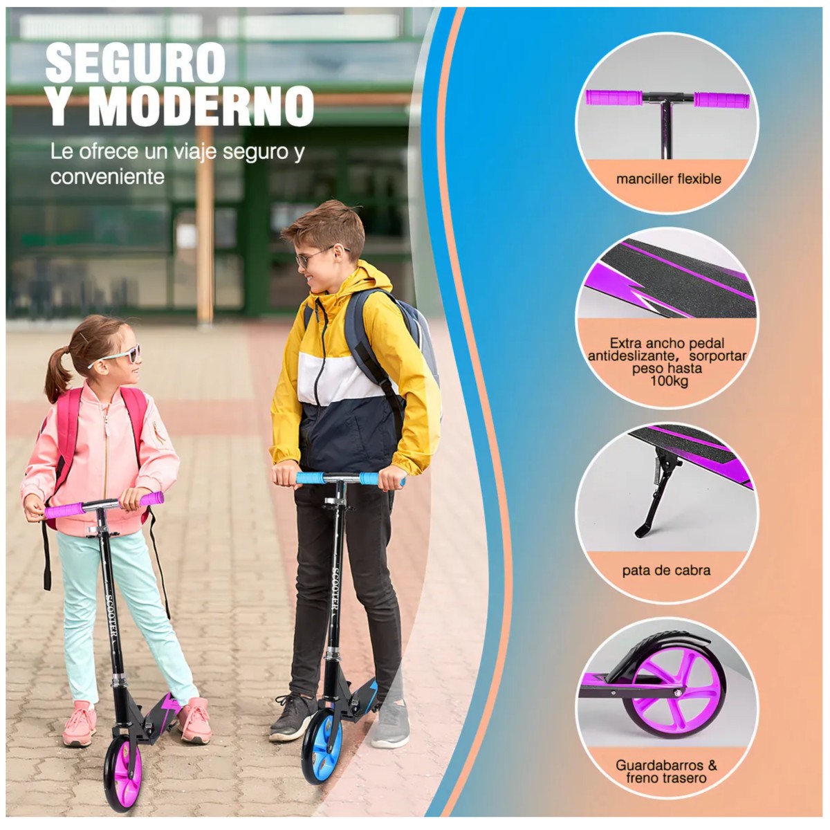 Scooter Plegable Ligero Y Con Manubrio De Altura Ajustable Rosa Negro image number null
