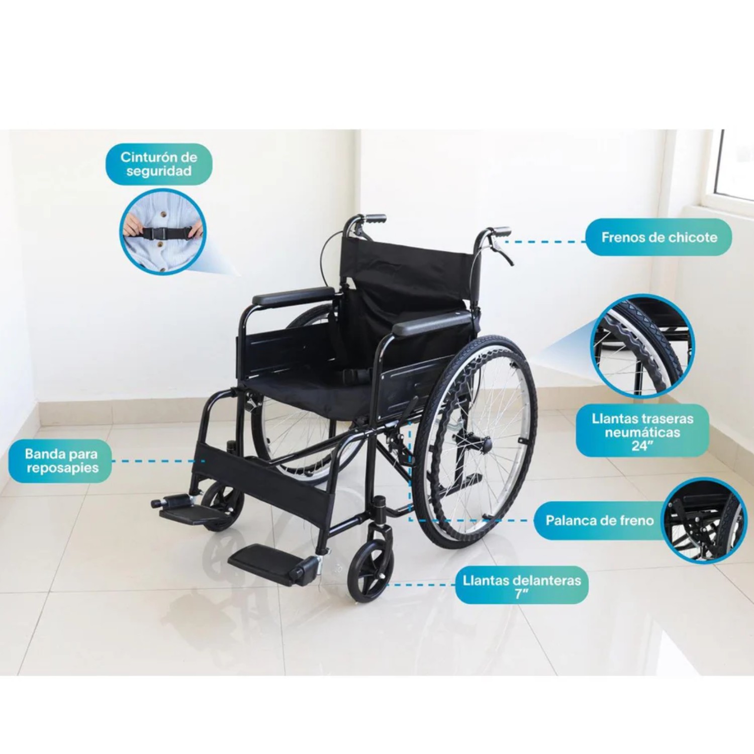 Silla De Ruedas Llanta Neum&aacute;tica De Aire Todoterreno Acero Plegable Portatil Descansapies image number null