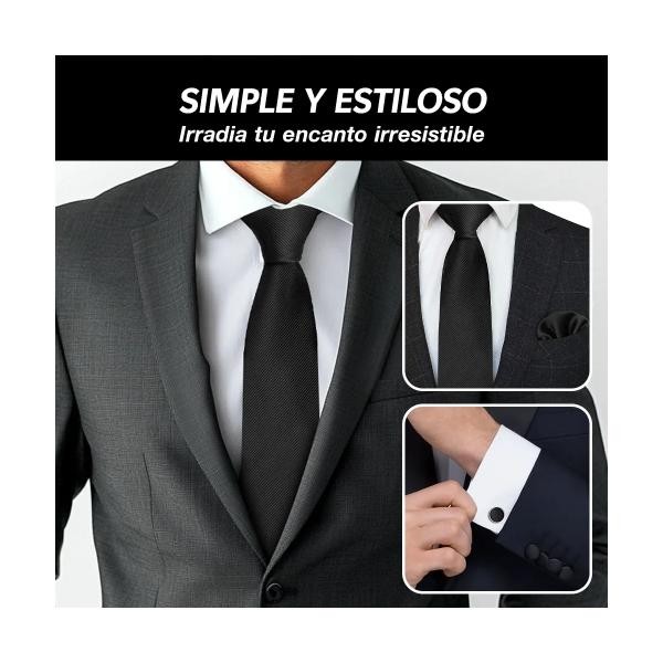 2*corbata + Pa&ntilde;uelo + Mancuernillas Conjunto Para Hombre Negro y Negro image number null