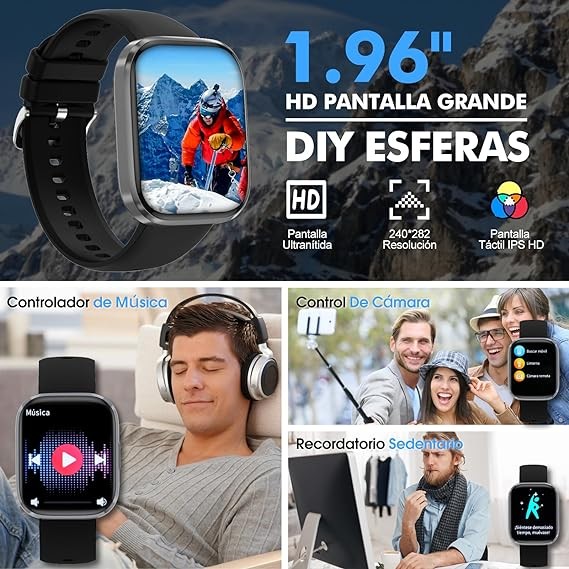 Lostrain Reloj Inteligente Hombre y Mujer,Smartwatch Deportivo 1.96" HD Pantalla t&aacute;ctil con Llamada Bluetooth,Pulsera Inteligente Impermeable IP68 Monitor De Frecuencia Card&iacute;aca/SPO2/Presi&oacute;n Arterial. image number null