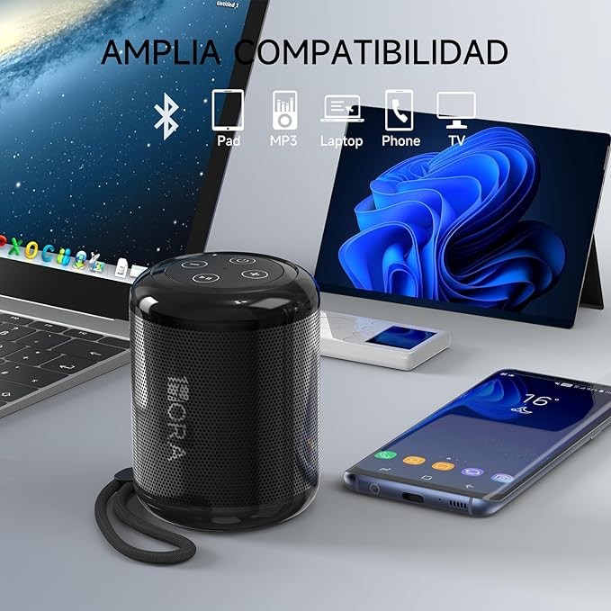 A Bocina Bluetooth Portatil 5.1, Mini Altavoz Inal&aacute;mbrico con Manos Libres/Micro USB/Radio FM/TF, Compatible con Phone, Tablet, Computadores, Ideal para Viajar, Campear, Negro. image number null