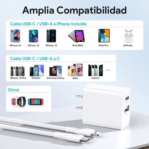 Cargador para iPhone 20W Carga R&aacute;pida Dual Salida USB C & USB Belug Blanco image number null