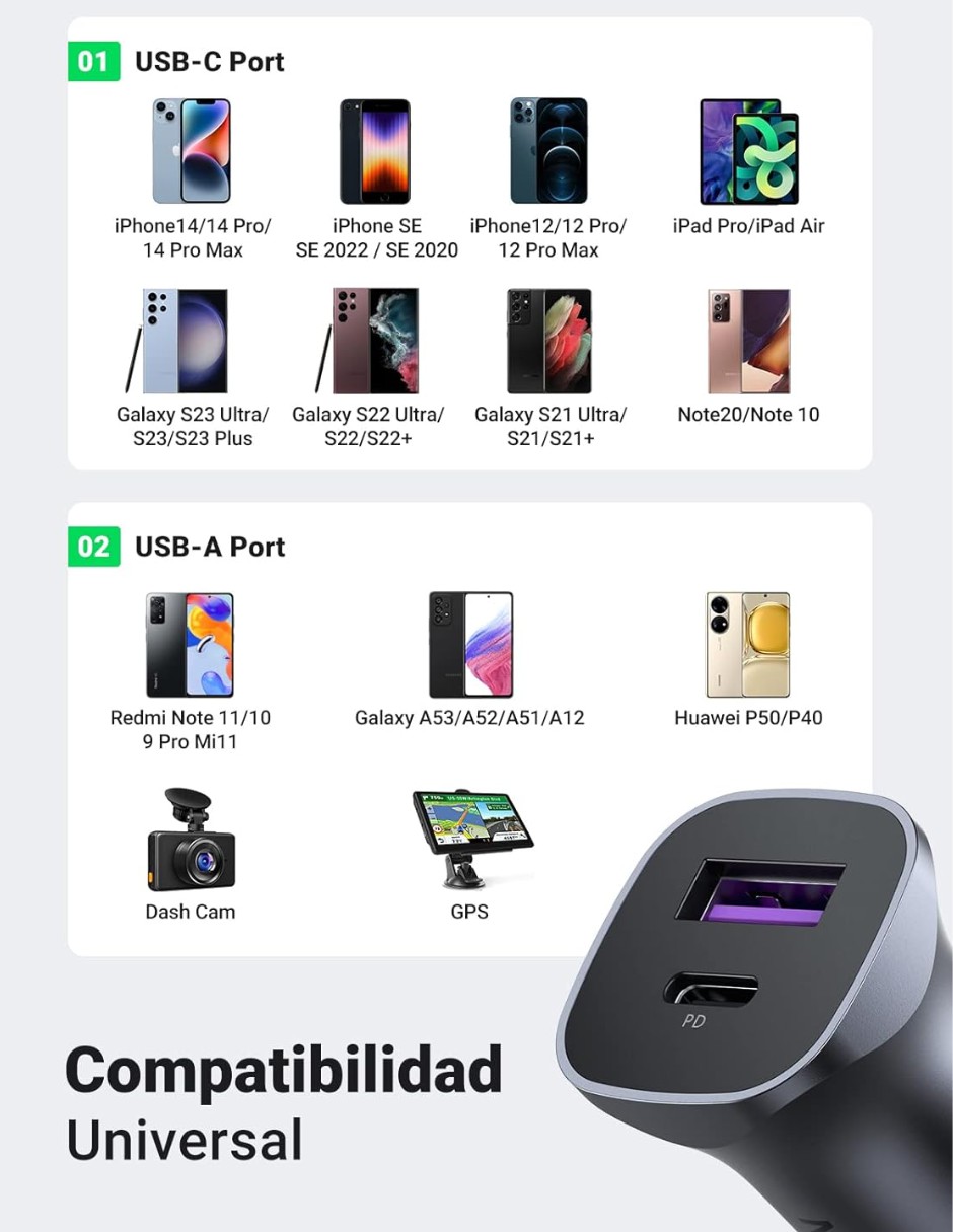 Cargador Auto Ugreen 30w 2 Puertos USB-C Y USB-A Carga R&aacute;pida image number null