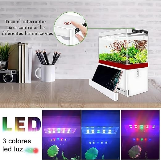AbaqKalza Mini Pecera para Pez Betta con Filtro,1.5 Galones Pecera para Peces con Iluminaci&oacute;n Led 3 Colores,Mini Tanque Acuario con USB Bomba de Agua para Escritorio Oficina Hogar. image number null