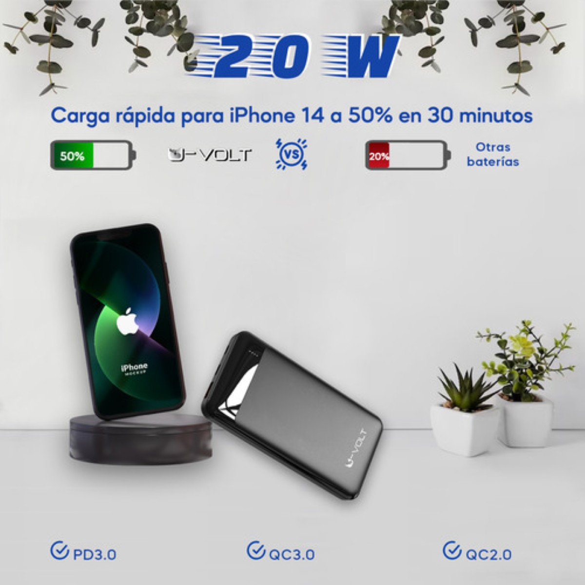Power Bank Bater&iacute;a Port&aacute;til 20000mah Carga R&aacute;pida 20w U Volt Color Negro image number null