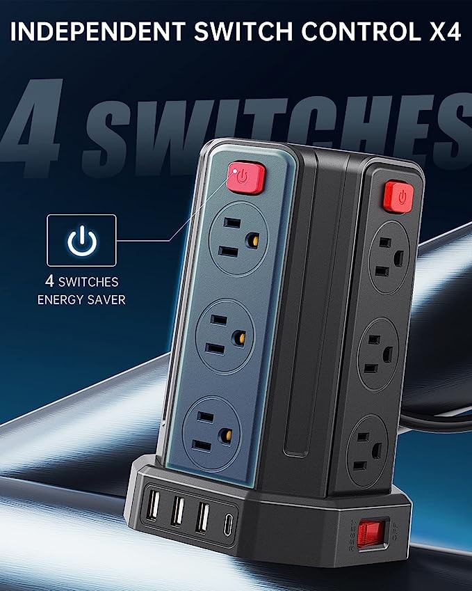 A SMALLRT Regleta De Alimentaci&oacute;n contra Sobretensiones 9.8Ft / 3M 4 Puertos USB Regleta De 12 Salidas con Toma De Cable Largo USB Torre Protectora contra Sobretensiones. image number null