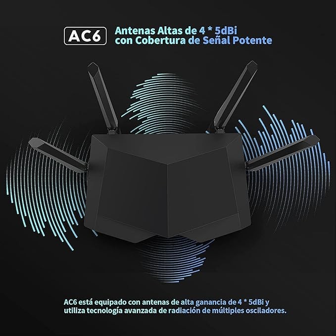 Tenda AC6 WiFi Router Inal&aacute;mbrico Inteligente, Enrutador AC1200, Doble Banda de 2.4G y 5G, 4 Antenas Externas de 5dBi, MU-MIMO, Beamforming, Ahorro de Energ&iacute;a, Configuraci&oacute;n F&aacute;cil, Negro. image number null