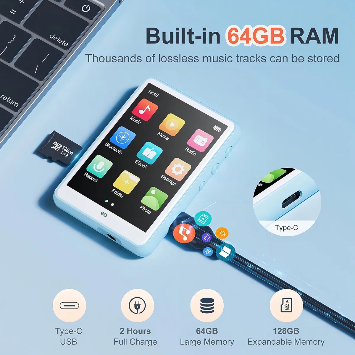 Reproductor MP3 MP4 Bluetooth HiFi 64GB Pantalla T&aacute;ctil Azul image number null