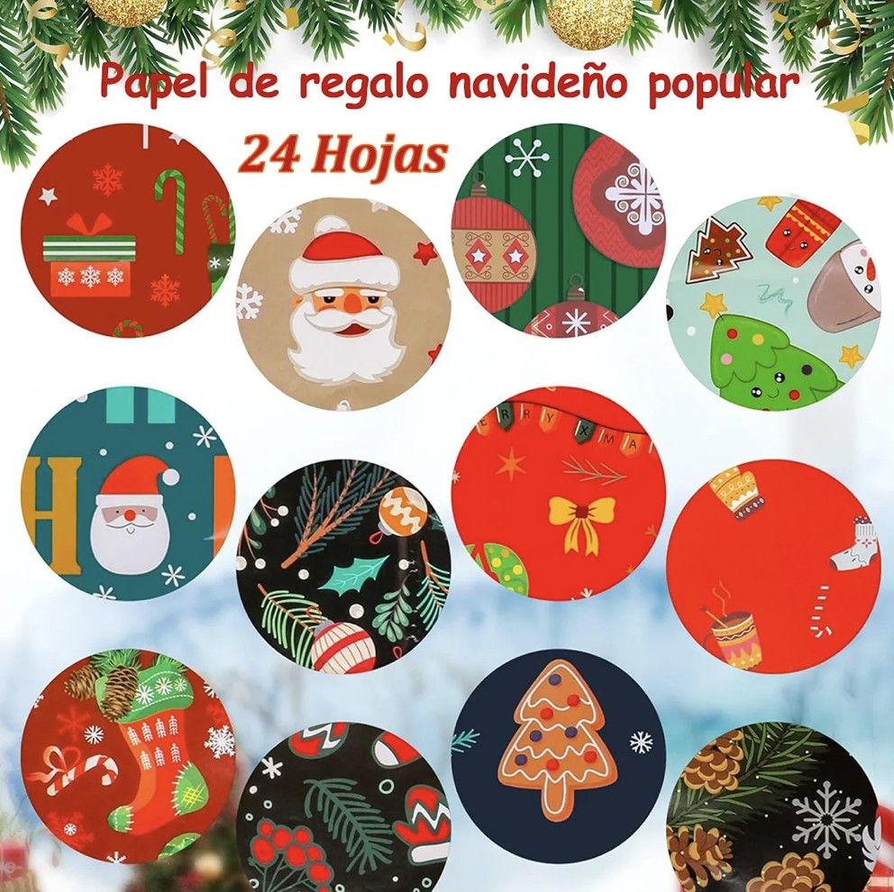 24 Hojas Papel Regalo Navidad Dise&ntilde;os Decoraciones Navide&ntilde;as image number null