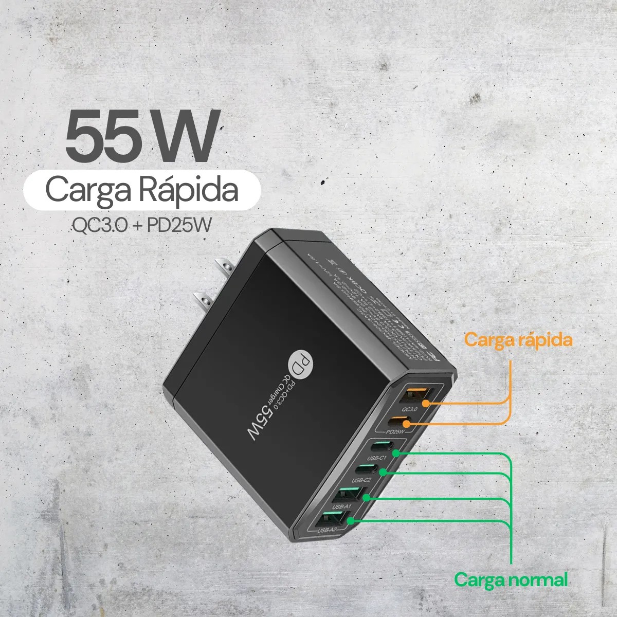 Cargador de Pared 55W con 6 Puertos Multipuerto USB-C y USB-A con Carga R&aacute;pida QC3.0 y Power Delivery image number null