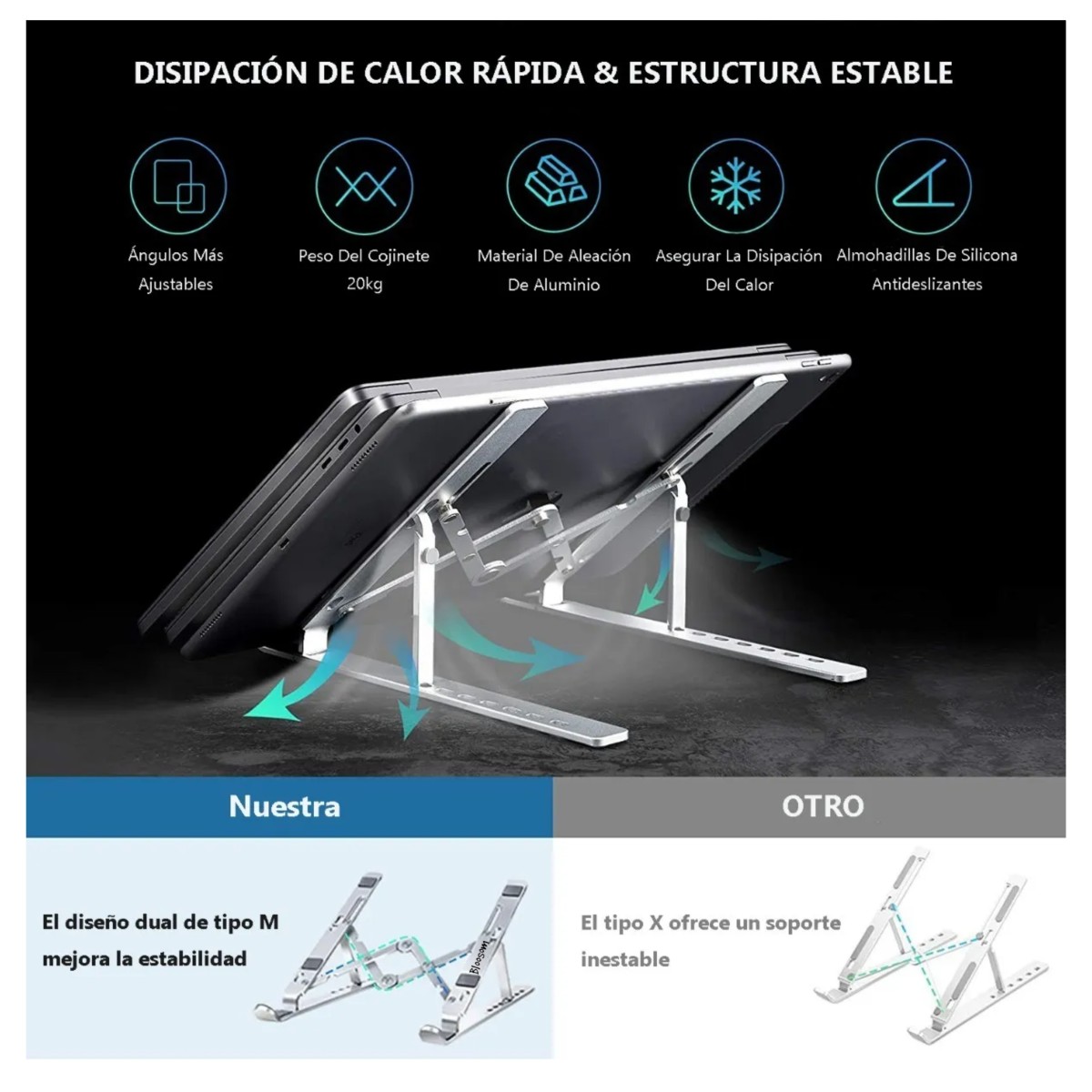 Base Soporte Laptop Aluminio, plegable, port&aacute;til Y Ajustable Plateado image number null