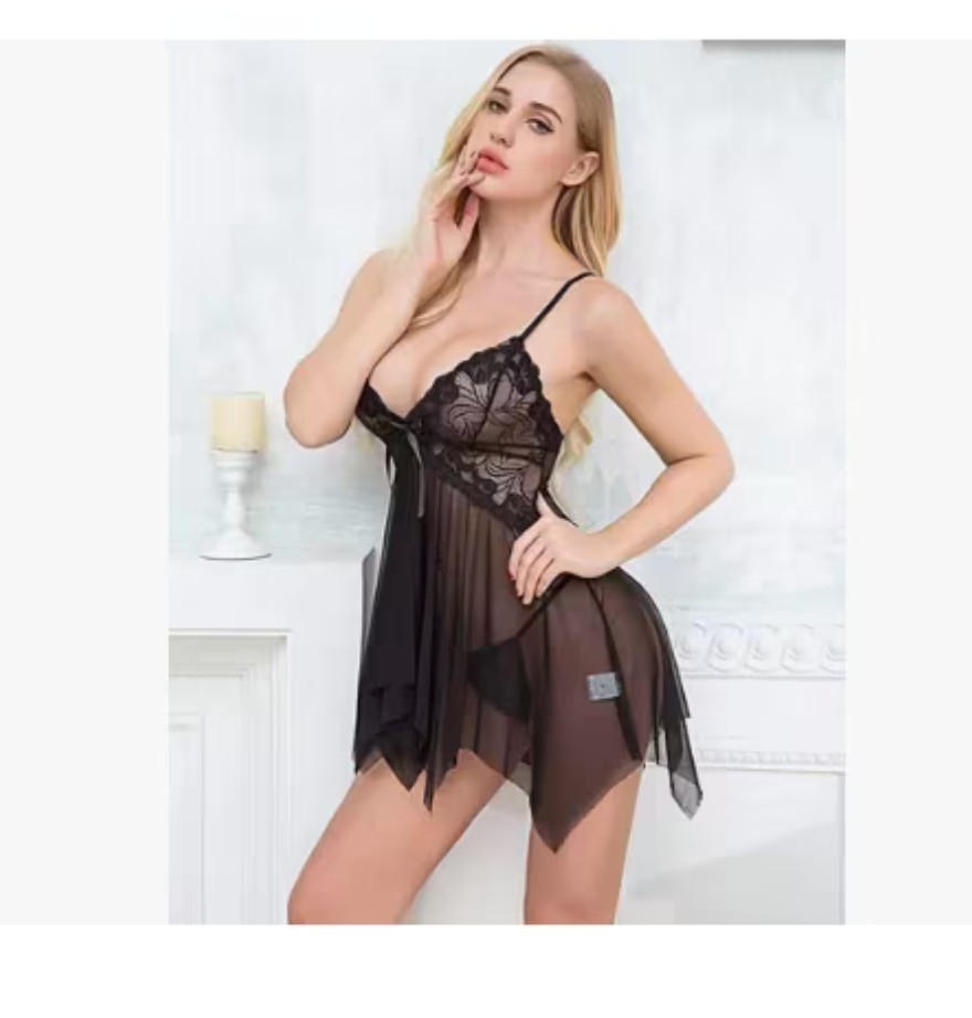 Lencer&iacute;a Babydoll Encaje Vestido Camis&oacute;n Con Liguero Y Tanga color negro talla: M image number null
