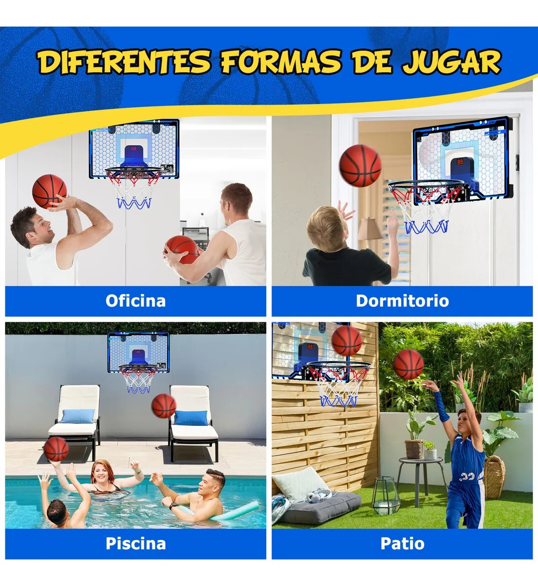 Canasta de Basquetbol Tablero de Baloncesto con Luces Led y 3 Mini Pelotas Color Azul para Ni&ntilde;os image number null