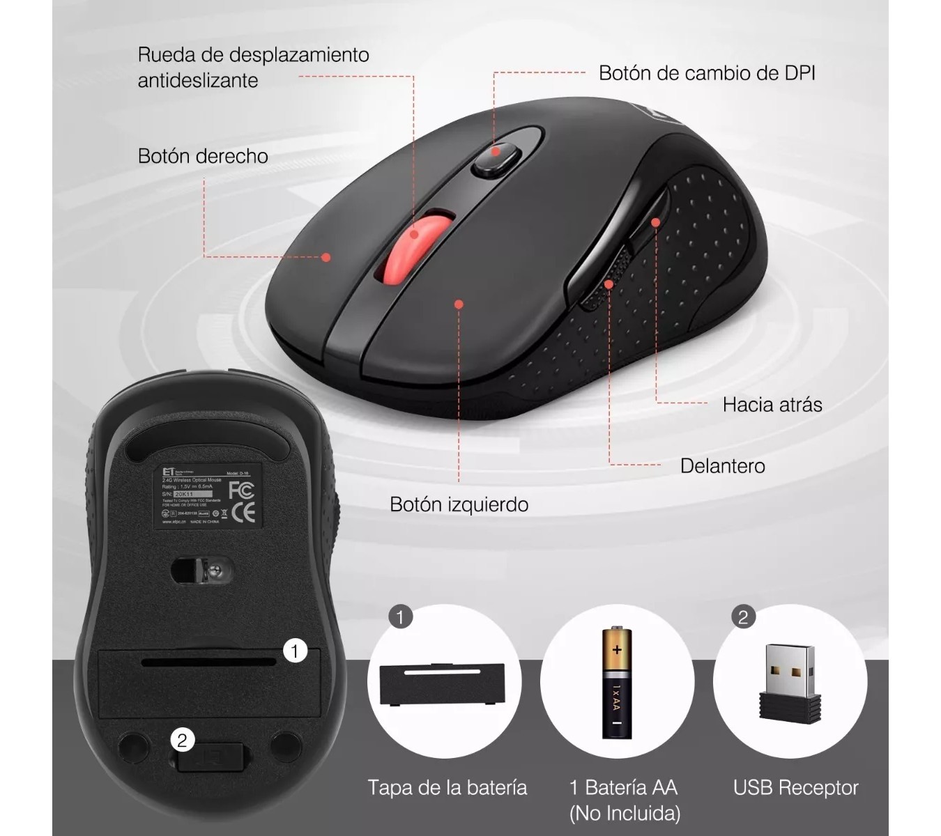 ML TERPORT Mouse Inalambrico Usb Oficina F10, Uso Con Pila, 2.4g Receptor Usb, 2400 Dpi / 5 Niveles Adjustables, Rat&oacute;n Inalabmrico Ergonomico Ligero Y Portatil Para Win/Mac Computadora PC. image number null