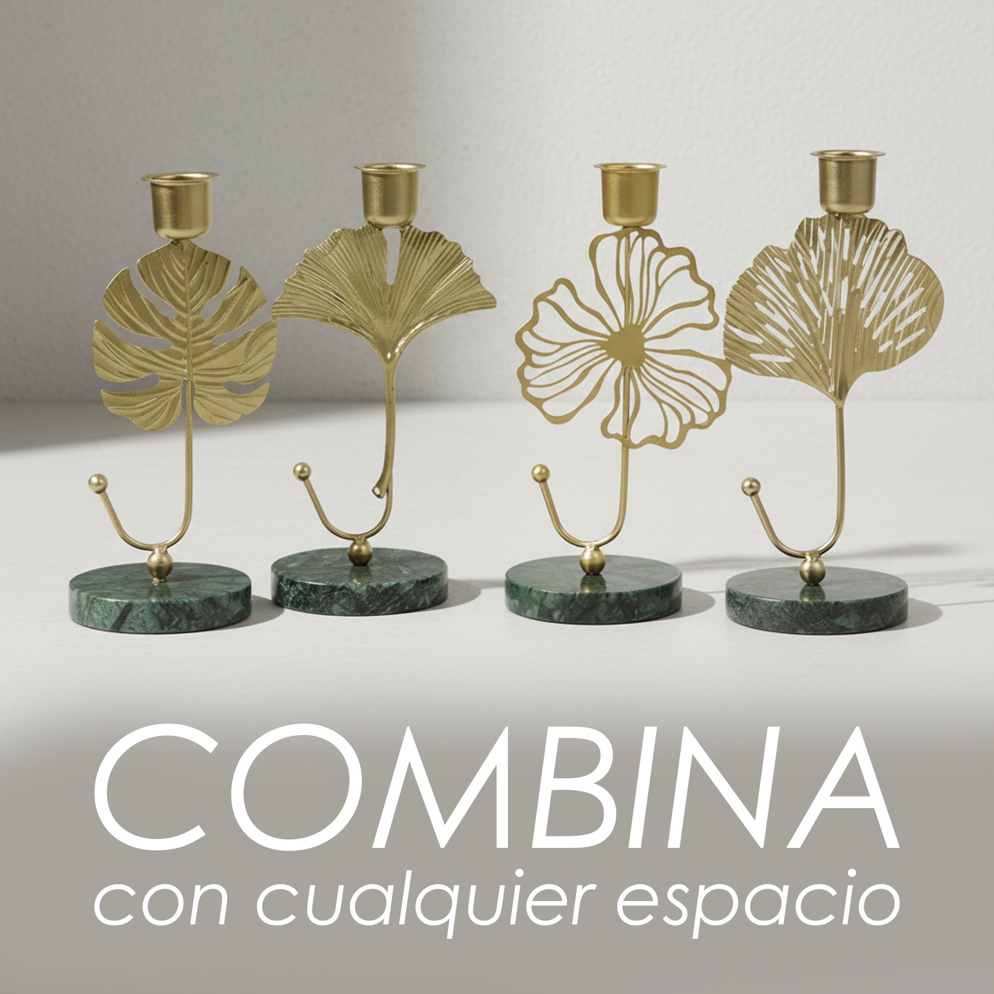 Ilios Innova | Set 4 Portavelas Decorativos, Dise&ntilde;o de Hojas Met&aacute;licas Doradas con Base de M&aacute;rmol Verde, Estilo Elegante image number null