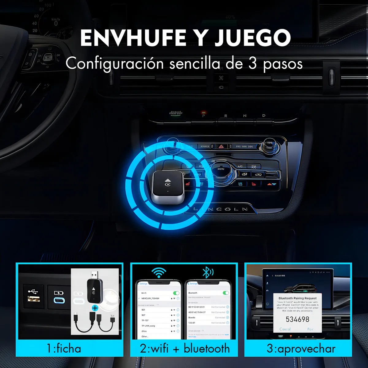 Adaptador Inalambrico CarPlay Universal para Auto Compatible con IPhone y Android Control Estable Plug and Play image number null
