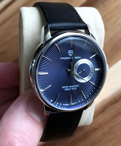 Reloj Pagani Design Reloj De Cuarzo De Cuero Para Hombre Correa Negro Bisel Plateado Fondo Azul image number null