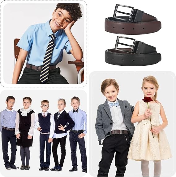 AWAYTR - Cinturones reversibles para ni&ntilde;os - Cintur&oacute;n de piel negro y caf&eacute; para uniforme escolar, jeans casuales. image number null