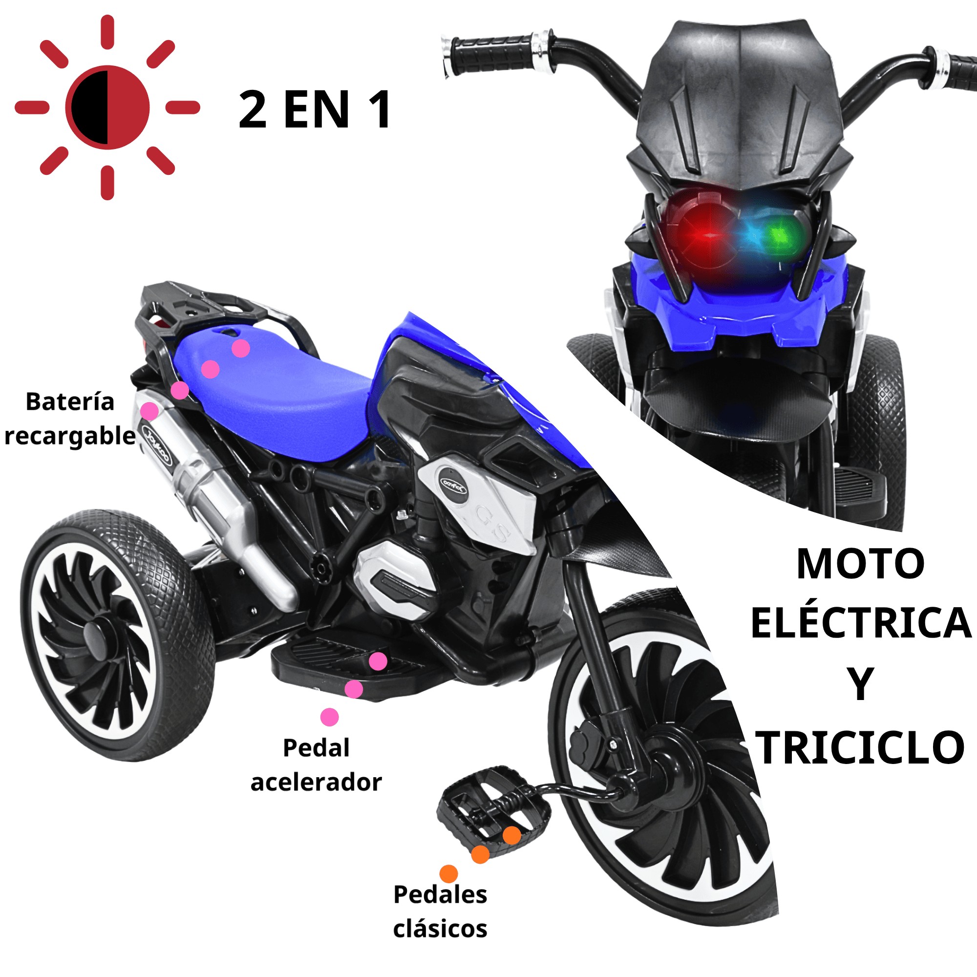 Moto Montable El&eacute;ctrica para Ni&ntilde;os Triciclo H&iacute;brido con Luces y Sonido Recargable 6v Soporta hasta 30 kg - Azul image number null