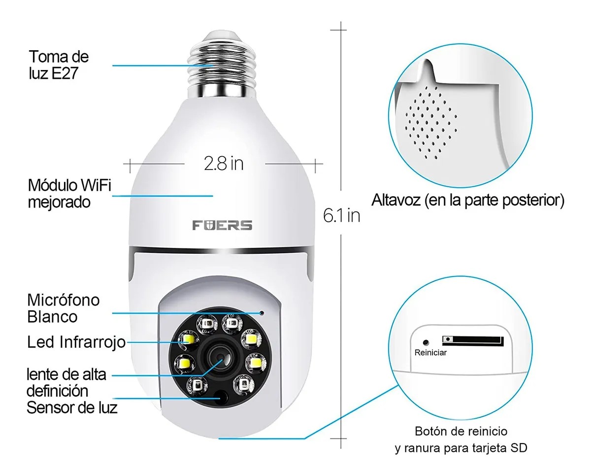 Camara de Seguridad Wifi Super HD 3MP 1080P Conexion E27 Foco 360&ordm; Vision Nocturna 2 pz image number null
