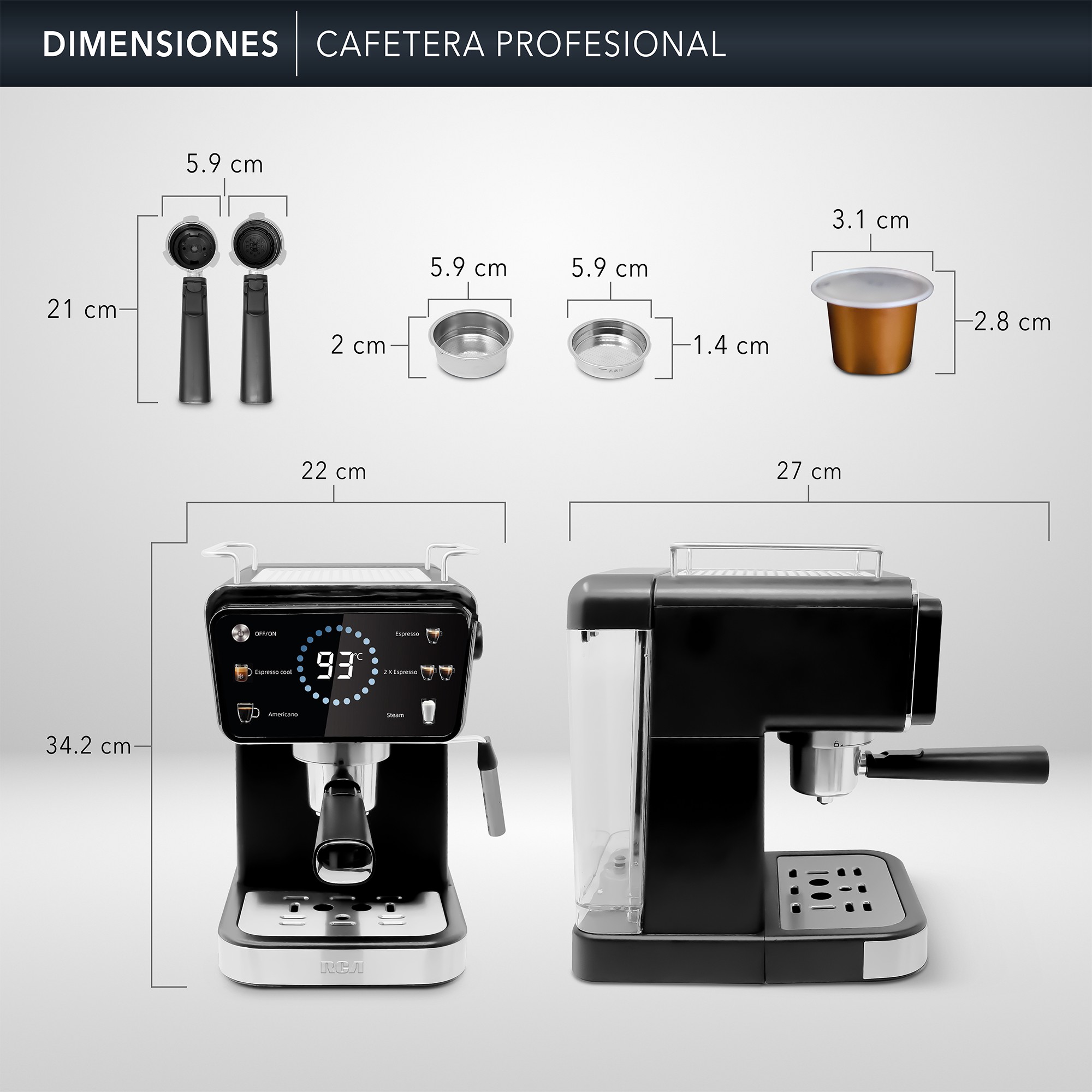 RCA Cafetera Profesional RC-CAF5, 2 en 1 para Caf&eacute; Molido y C&aacute;psulas, Espumador, Pantalla Inteligente, 1.5L. image number null