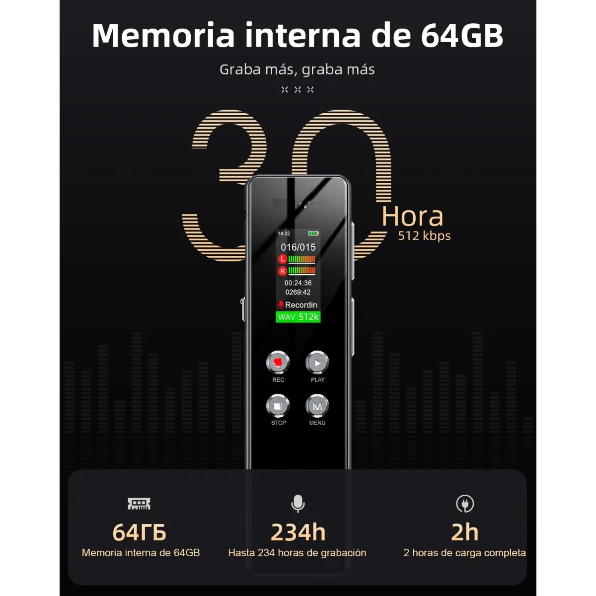 64gb Grabadora De Voz Malubero Reducci&oacute;n Del Ruido Portatil Mp3 Hifi image number null