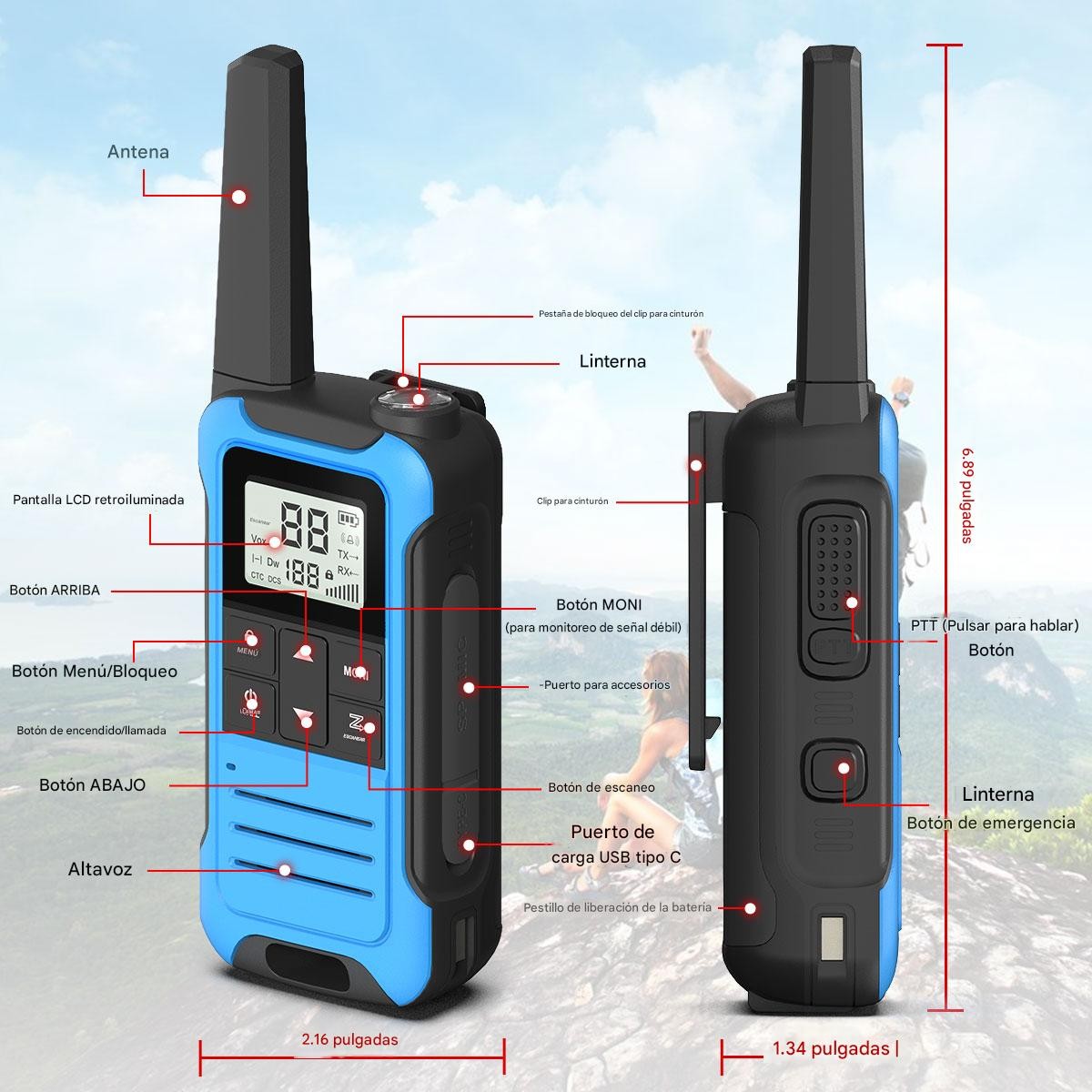Walkie talkie Radio azul bidireccional tipo C recargable viaje Camping antena juego seguridad image number null