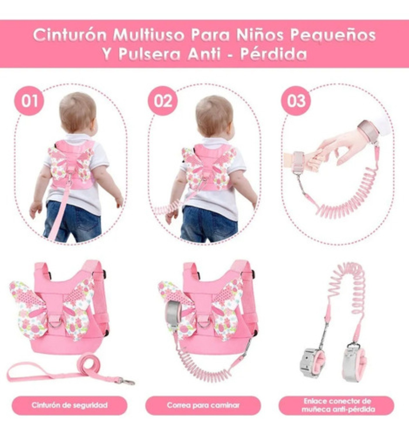 Arn&eacute;s De Seguridad Para Ni&ntilde;os Con Correa 3 En 1 Rodilleras Rosa image number null