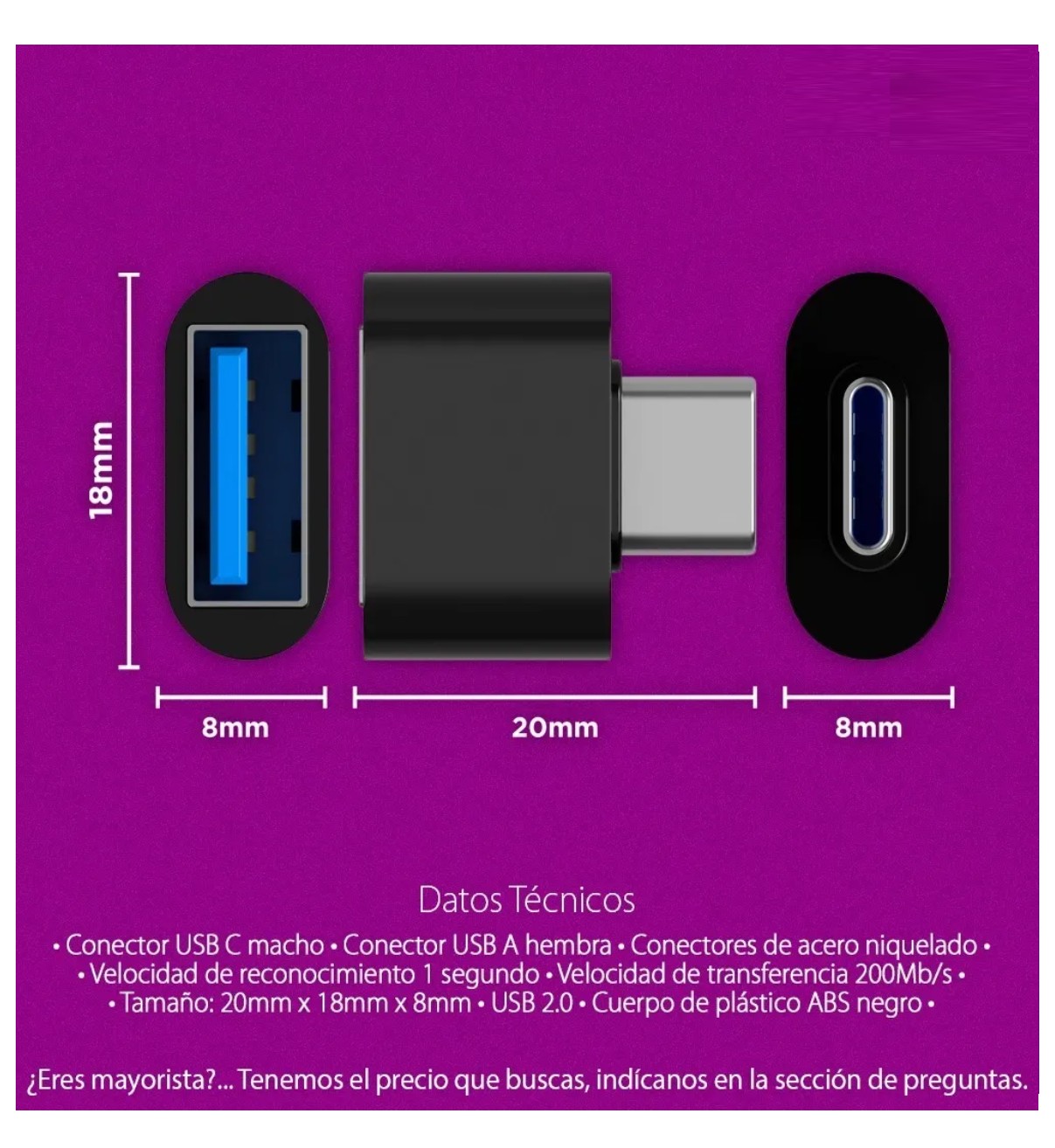 Adaptador Usb A Tipo C Otg 3.0 Conector Celular Malubero Negro image number null