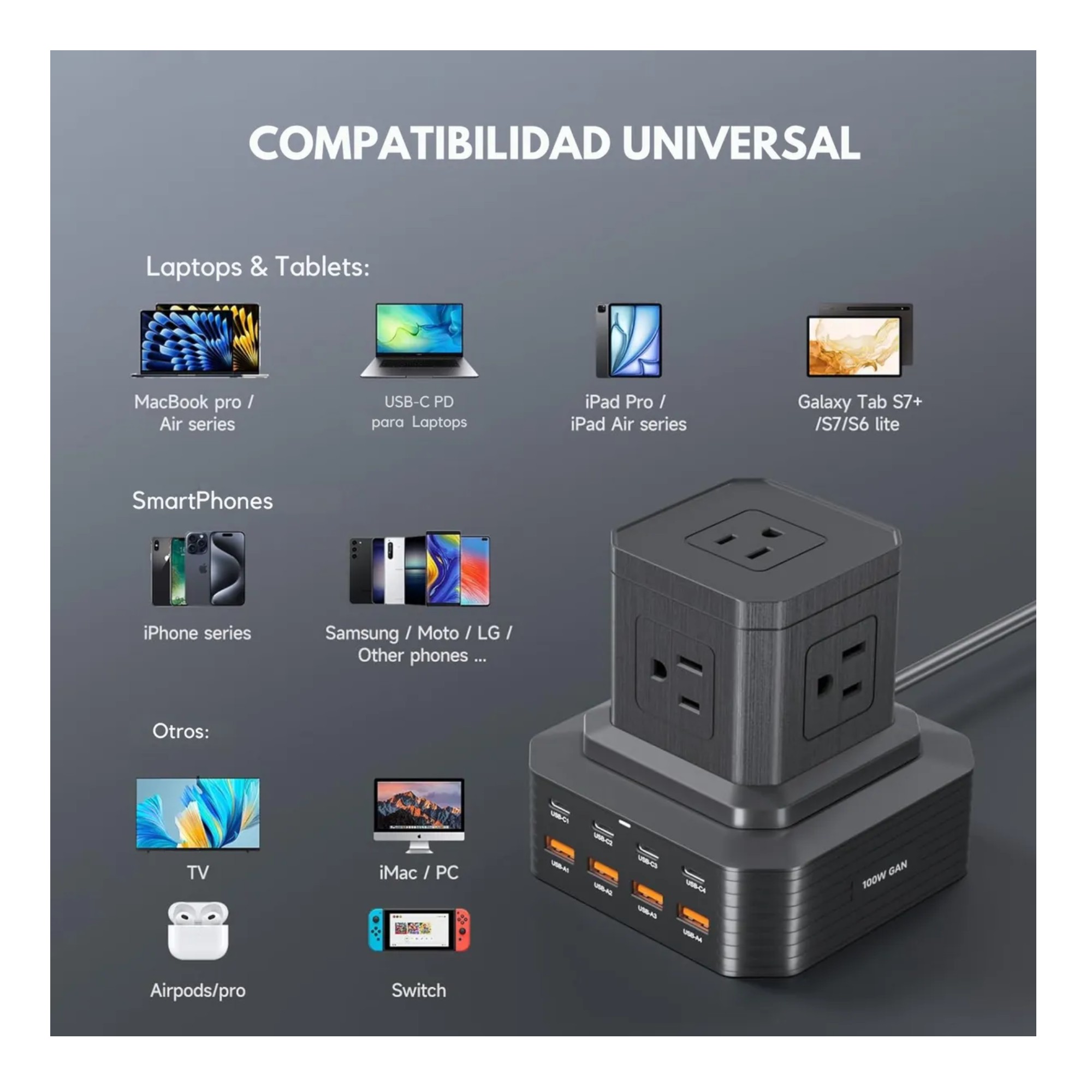Regleta Vertical Torre Enchufe Estaci&oacute;n De Carga Usb C Color Negro Carga de Multiples Dispositivos image number null
