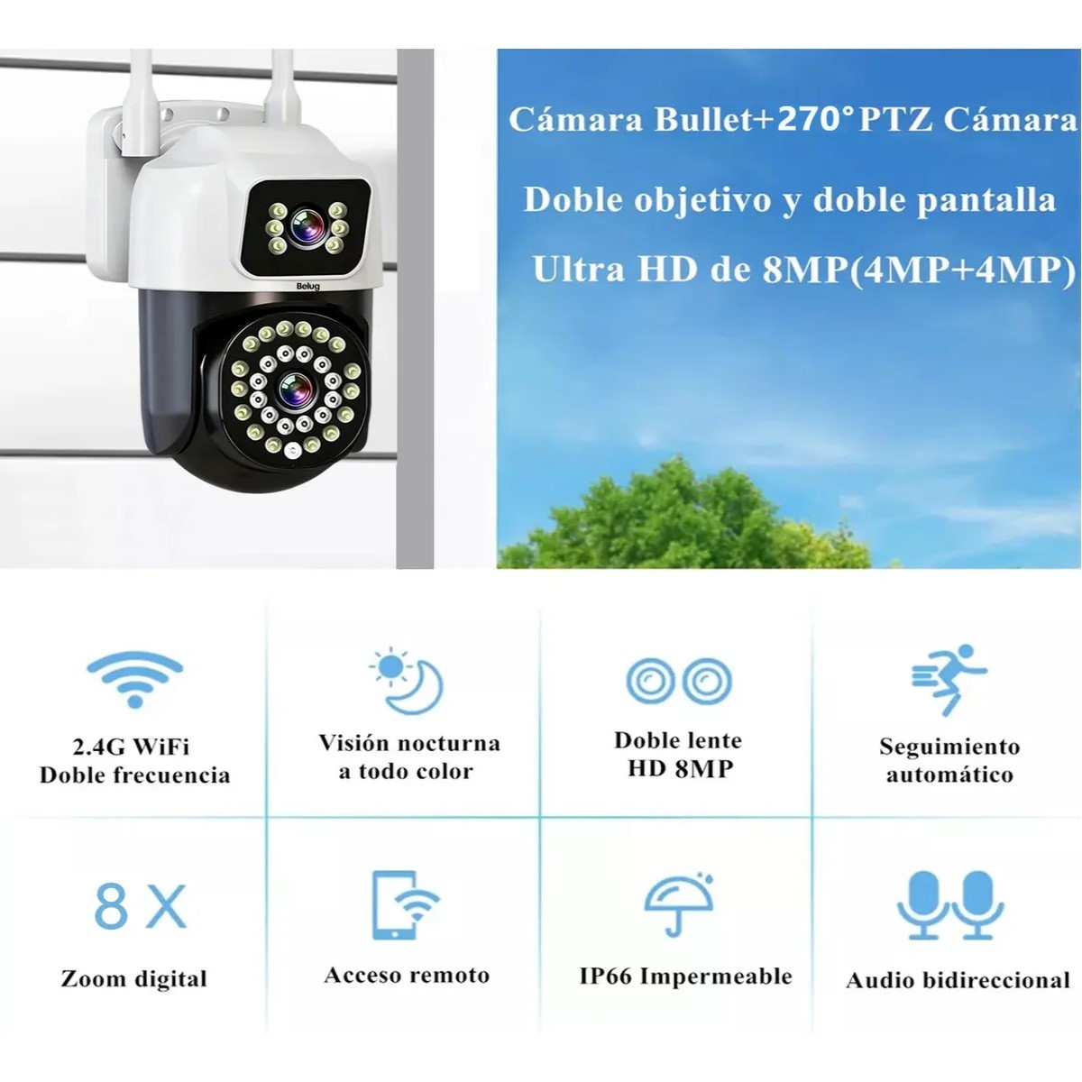 C&aacute;mara De Seguridad Wifi Ip66 Exterior C&aacute;mara Vigilancia 360&deg; Ptz 8mp Full Hd Ptz 2 V&iacute;as Audio image number null