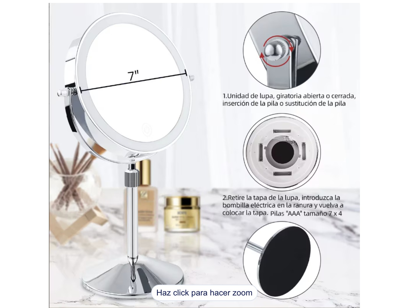 Espejo Maquillaje Doble Aumento Espejos Con Luz Touch 3 Modos Espejo Recargable Por Usb Modelo Blanco image number null