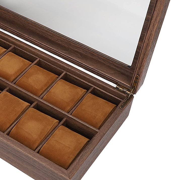 A Caja Organizadora de Reloj de Cuero PU con 12 Ranuras, Caja de Almacenamiento de Exhibici&oacute;n de Lujo de Grano de Madera con Parte Superior de Vidrio de Partici&oacute;n Grande para Almacenamiento Y Exhibici&oacute;n. image number null