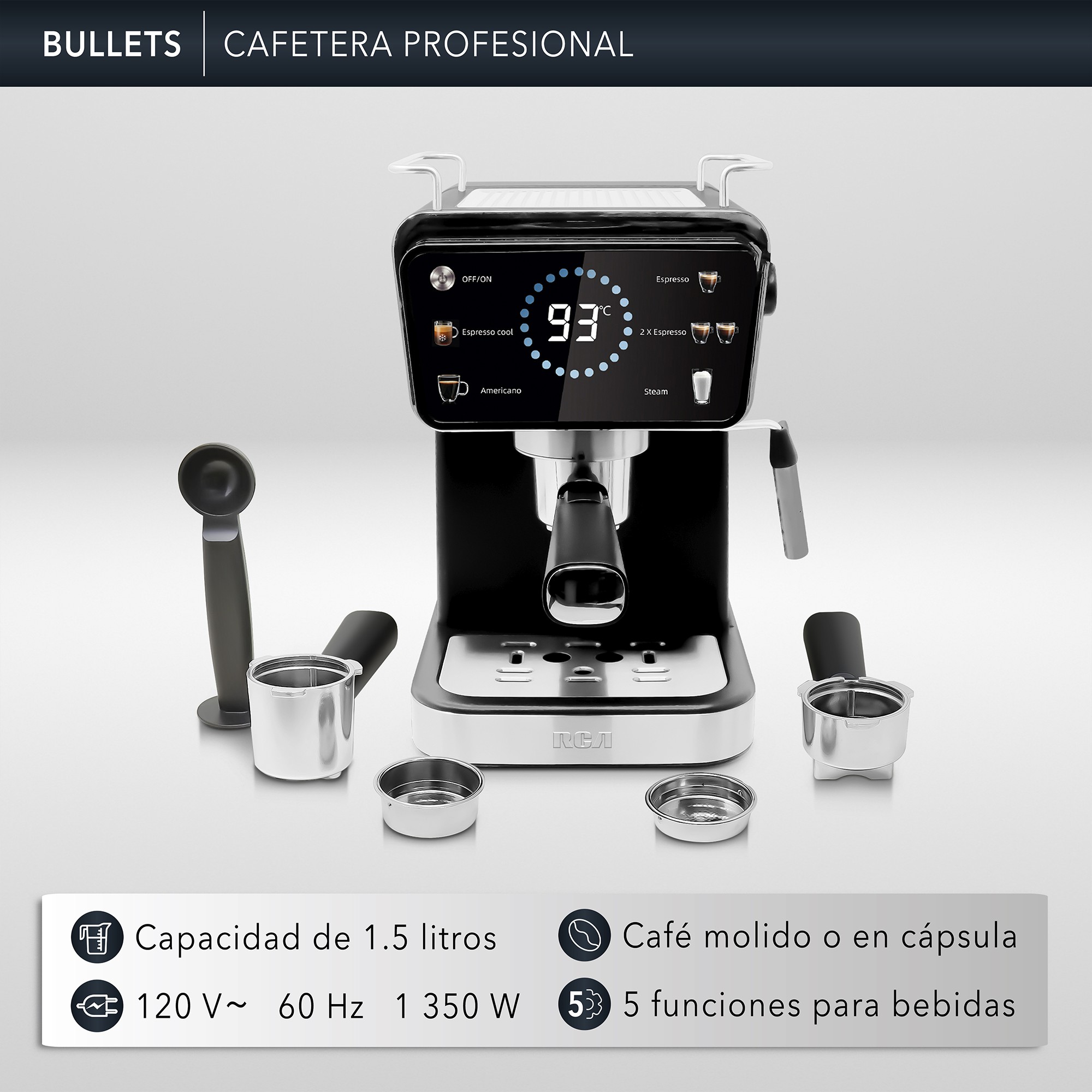 RCA Cafetera Profesional RC-CAF5, 2 en 1 para Caf&eacute; Molido y C&aacute;psulas, Espumador, Pantalla Inteligente, 1.5L. image number null