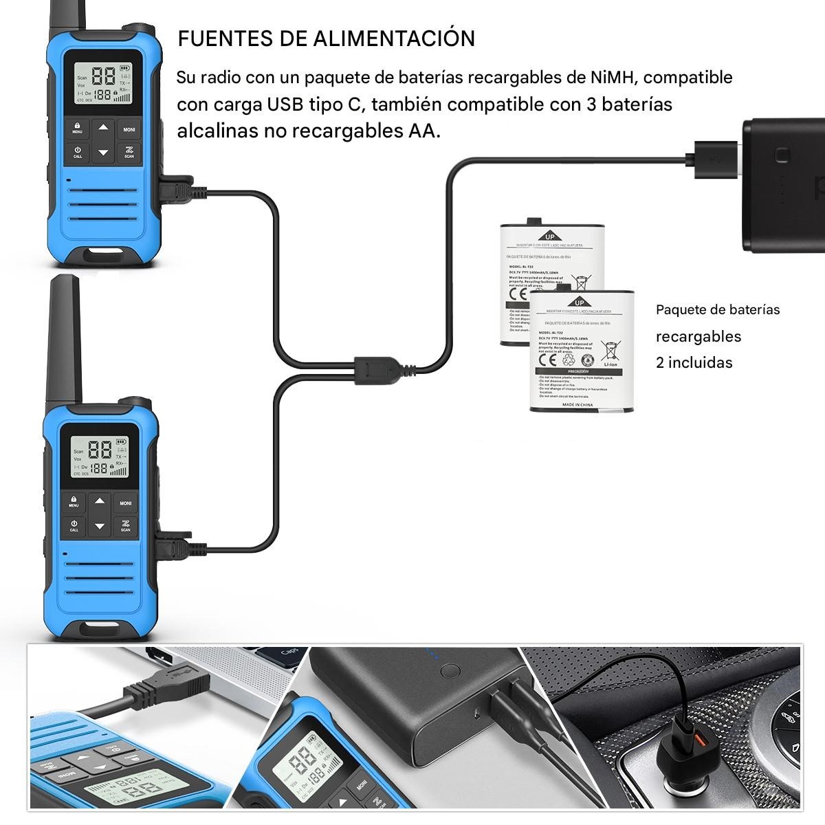Walkie talkie Radio azul bidireccional tipo C recargable viaje Camping antena juego seguridad image number null