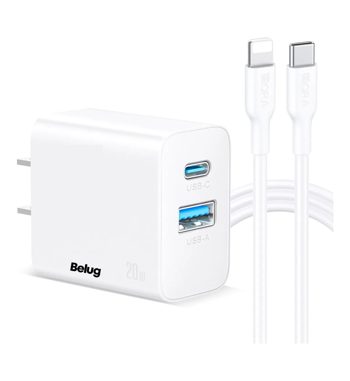 Cargador para iPhone 20W Carga R&aacute;pida Dual Salida USB C & USB Belug Blanco image number null