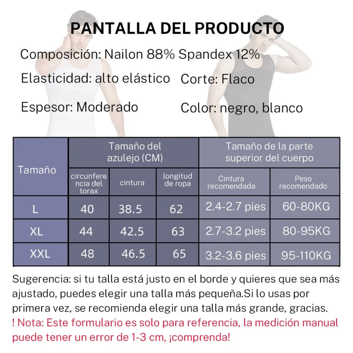 2pcs Ginecomastia Camisa Hombres Adelgazamiento Pecho Talla XL Negro/Blanco image number null