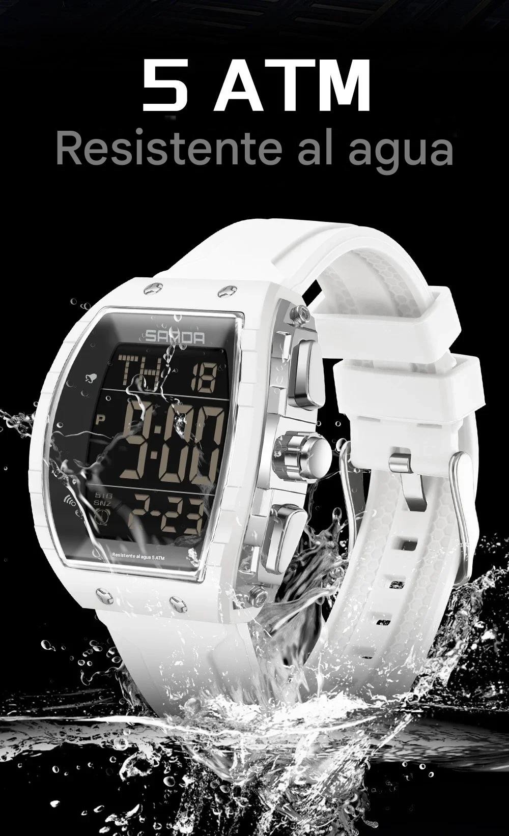 Reloj moda esfera plateado grande correa TPU cron&oacute;grafo deportivo calendario luminoso contra agua image number null
