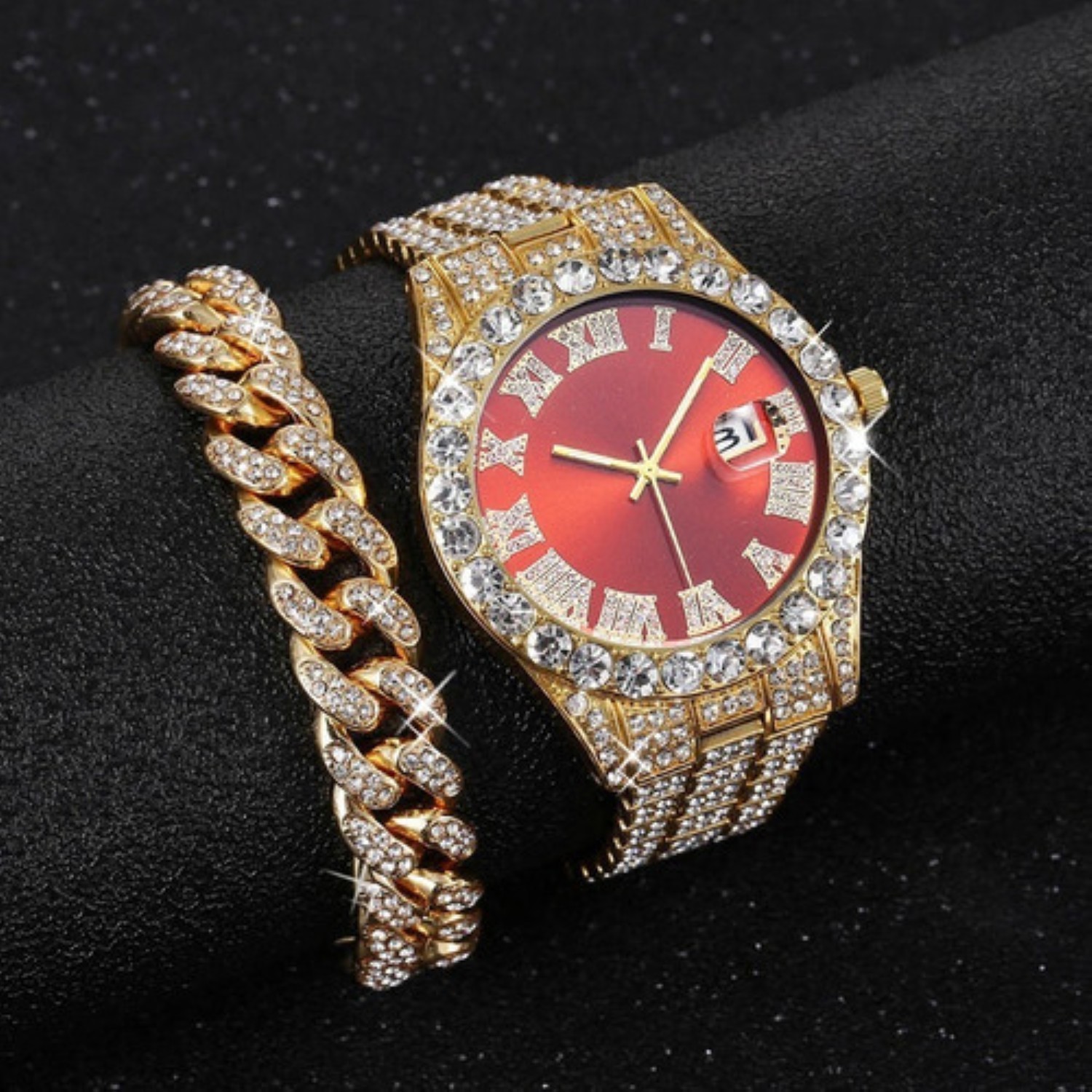 Reloj De Pulsera Unisex Con Diamantes Dorado Rojo image number null