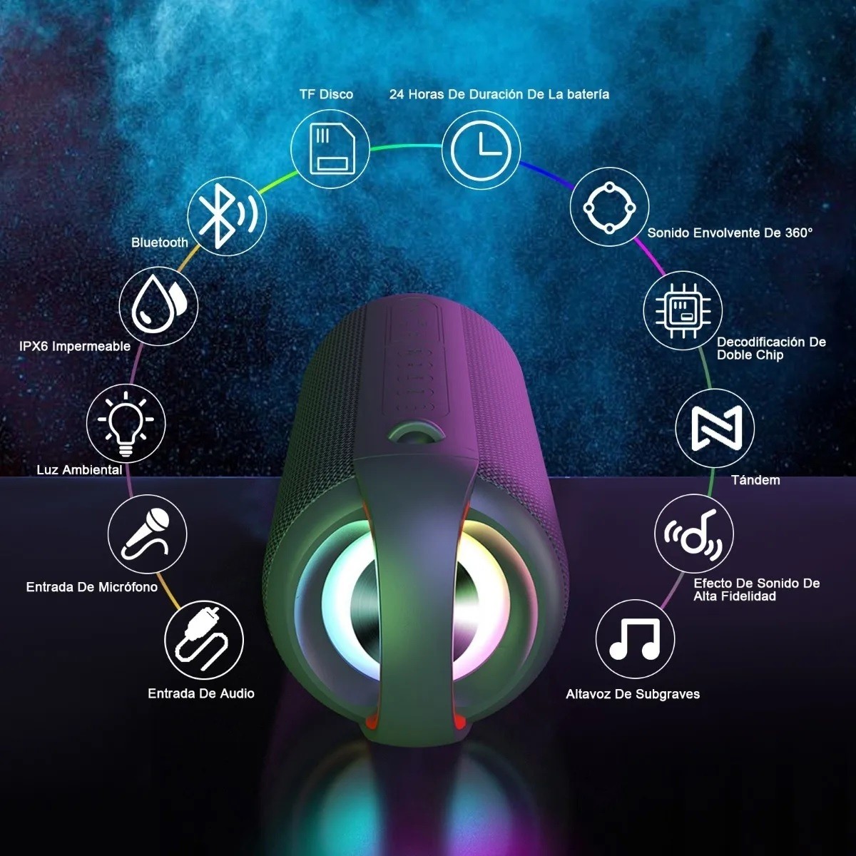 Bocina Bluetooth Port&aacute;til Altavoz Impermeable Con Rgb Luces image number null