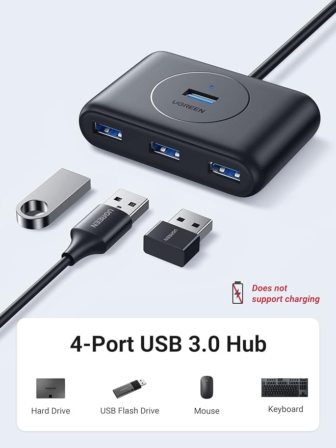 UGREEN Hub USB 3.0, 1M Adaptador USB a 4 USB 3.0 5Gbps y PD Carga Compatible con Macbook, Windows Surface, Switch, Xbox 360 One, PS4, Ultrabook, Laptop o PC, Negro. image number null