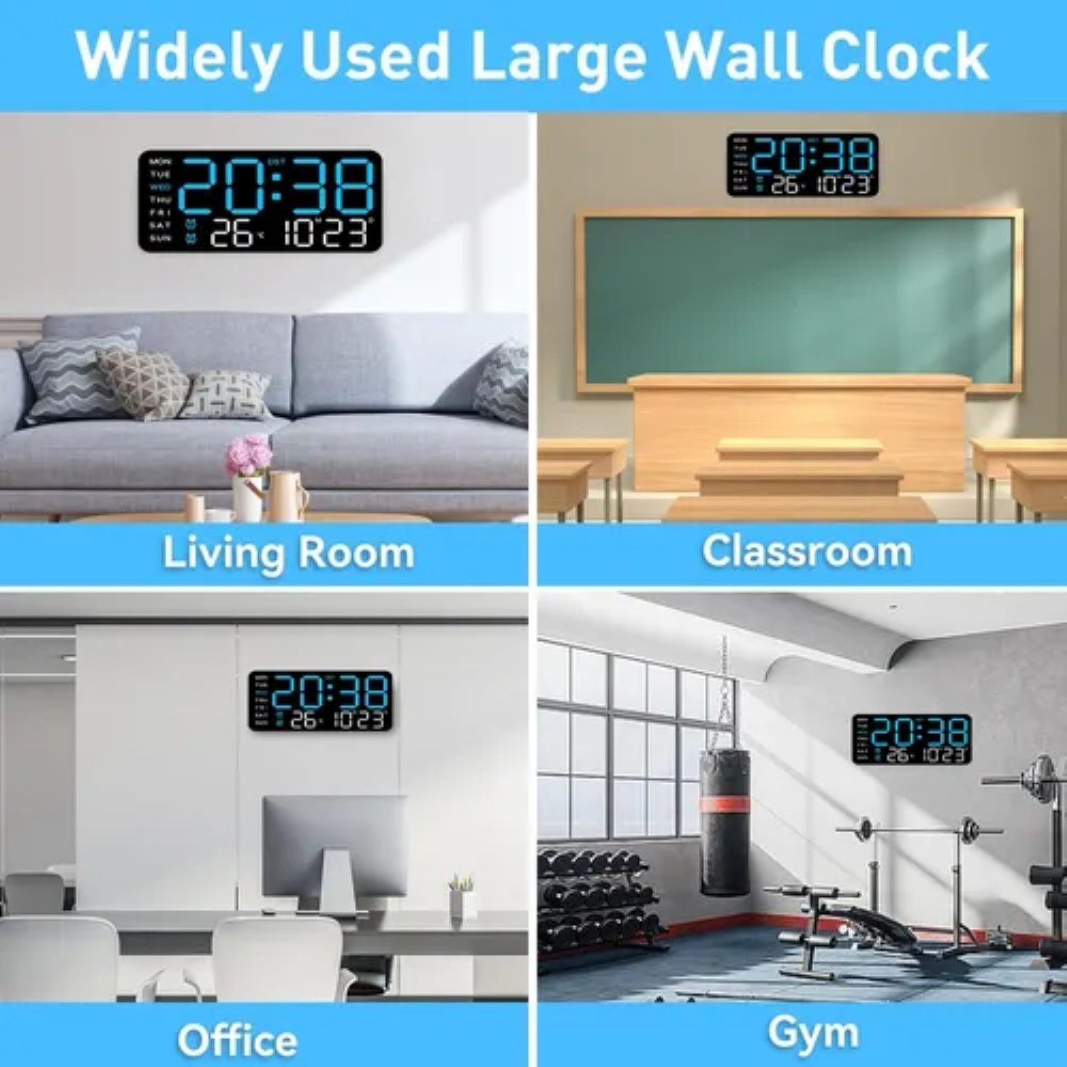 Reloj De Pared Digital Con Alarmas Y Calendario,term&oacute;metro negro azul image number null