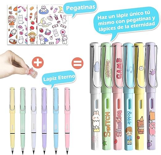 A AIYMQ Lapiz Infinito, 6 Lapices Eternos y Pegatinas decorativas,con 12 puntas y Bolsa Organizadora,Eternity Magic Pencil con Goma, herramienta de dibujo de boceto port&aacute;til reutilizable borrable. image number null